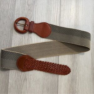 Linea Pelle Wide Leather Statement Belt Adjustable Stretch Brown Tan Sz M Women